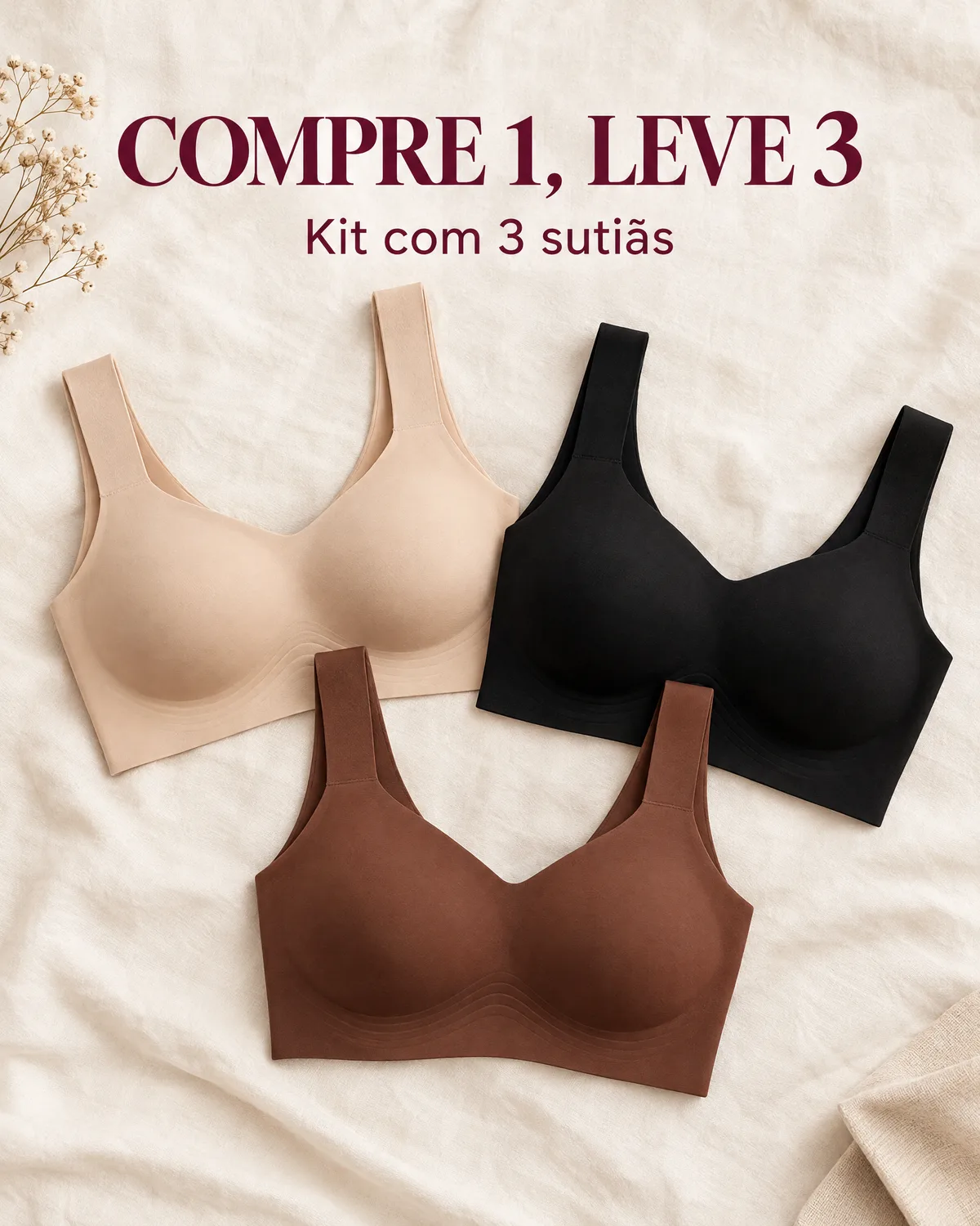 Kit com 3 sutiãs Vivace: nude, preto e marrom