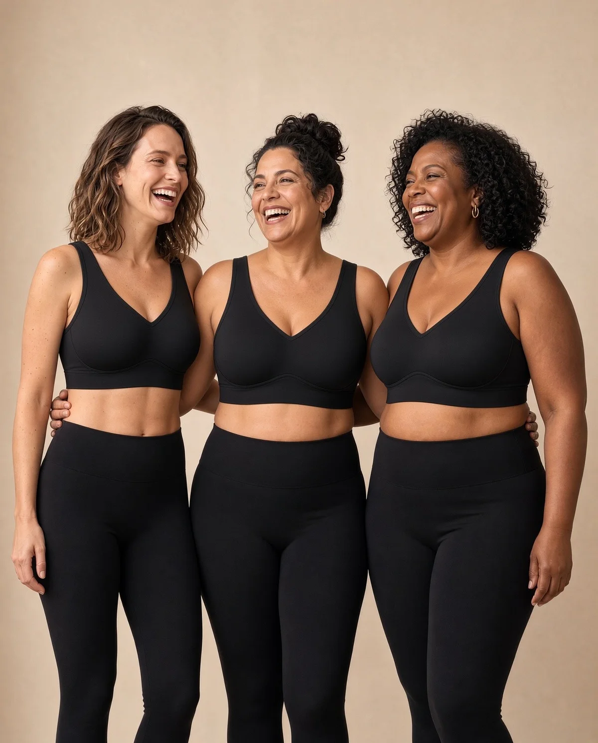 Três mulheres de corpos e tamanhos diferentes sorrindo, vestindo o sutiã Vivace preto